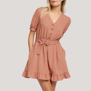 NEW Lost + Wander rustic orange belted puff sleeve button dress